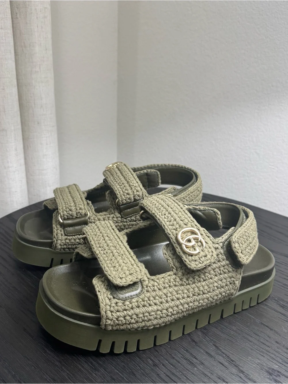 Gucci GG Crochet Platform Dad Strap Sandals Green 37